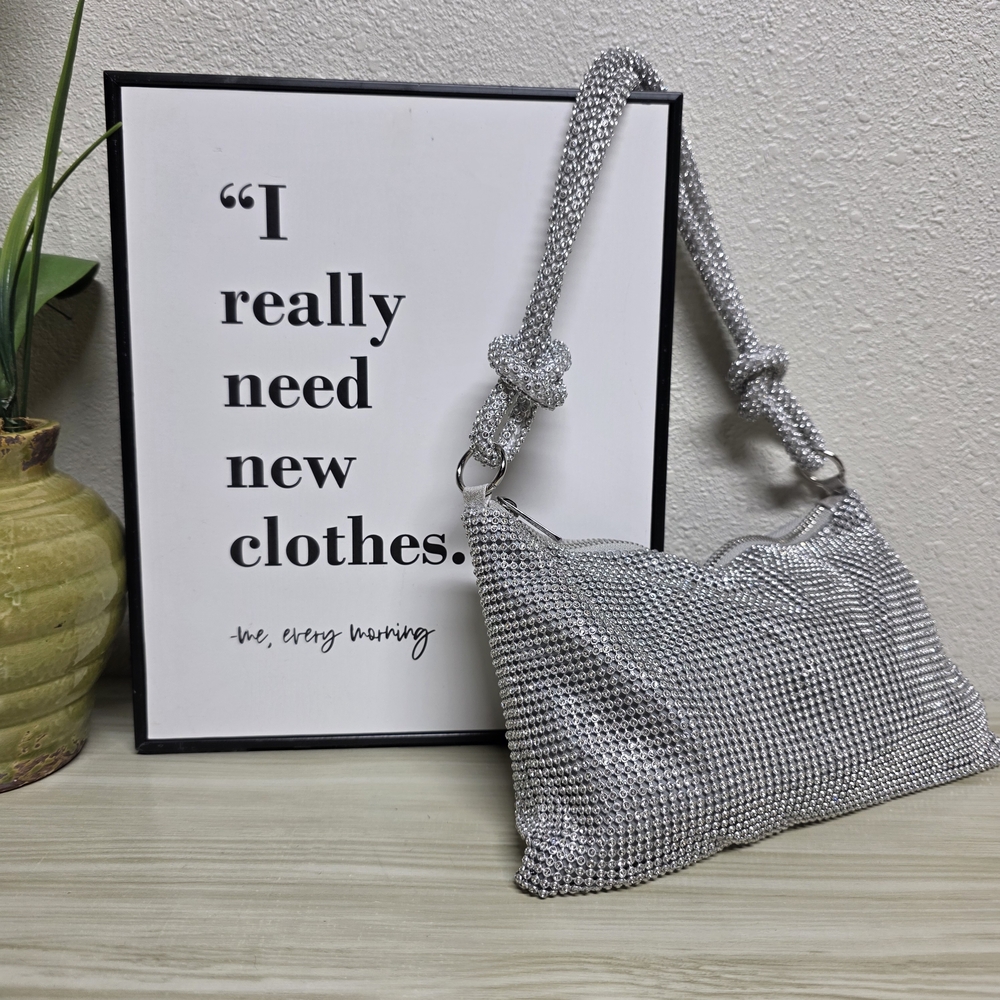 Small Shoulder Purse, Rhinestone Mesh Fabric, Two Strap Handle